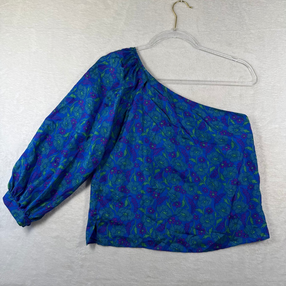 Veronica Beard Blue Floral 100% Silk One Shoulder Puff Sleeve Top Size 2